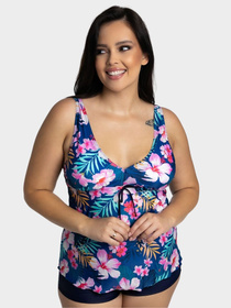 Komplet Tankini Flora P-3K (30) granatowo-różowo-wielokolorowy z kwiatami