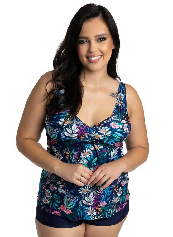 Komplet Tankini Flora P-3K (28) granatowo-biało-wielokolorowy z kwiatami