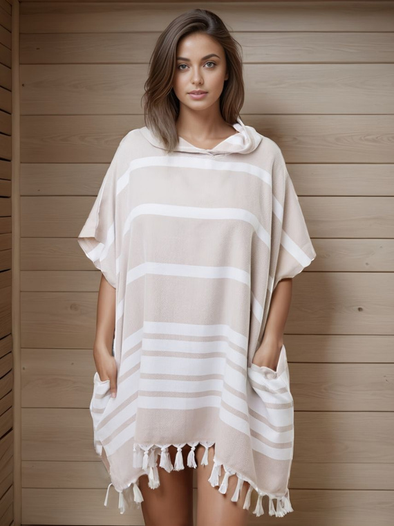 Poncho Hammam z kapturem do sauny S-0063 (1) beżowe