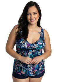 Komplet Tankini Flora P-3K (28) granatowo-biało-wielokolorowy z kwiatami