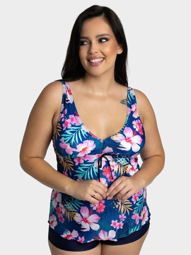 Komplet Tankini Flora P-3K (30) granatowo-różowo-wielokolorowy z kwiatami